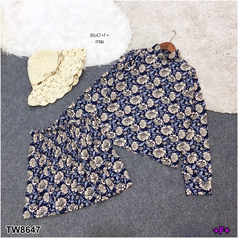 set-เสื้อคอปีนแขนยาว-พิมพ์ลายดอกไม้-กระโปรงระบายอัดพลีท