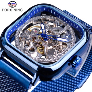 Forsining Blue Watches For Mens Automatic Mechanical Fashion Dress Square Skeleton Wrist Watch Slim Mesh Steel Band Anal
