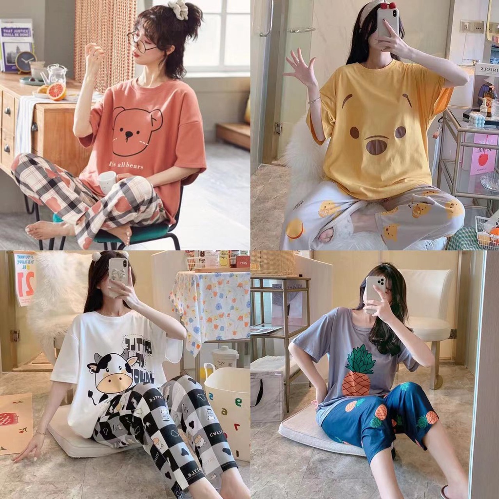 ชุดนอน แขนสั้นขายาว ชุดนอนผู้หญิง ผ้าคอตตอน ลายการ์ตูน D1 | Shopee Thailand