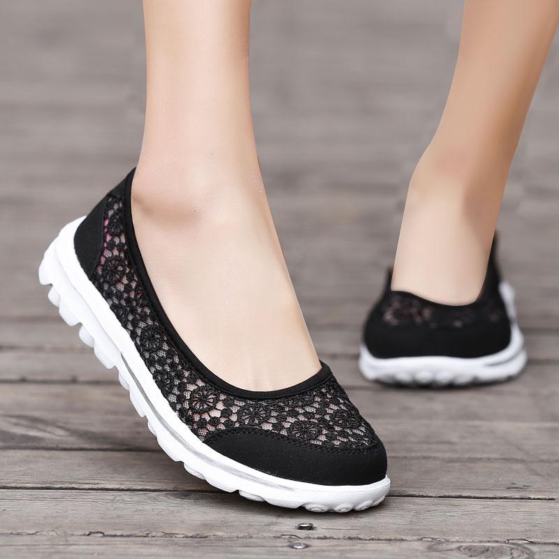 SKYE สีดำรองเท้าส้นเตี้ยสตรี ระบายได้รองเท้าสลิปออน น้ำหนักเบา ผู้หญิง ขนาด: 35-42