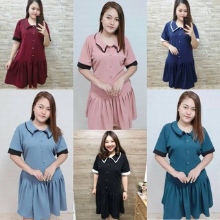 A29 เดรสสาวอวบ ผ้ายืดวูลเวฟ คอปก แต่งกระดุม ชายระบาย