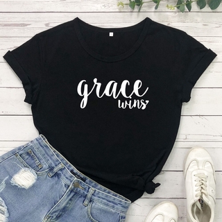 Grace Wins Cotton เสื้อยืดผู้หญิงพระคัมภีร์ Christian Church Tshirt สบายๆฤดูร้อนแรงบันดาลใจ Tee เสื้อ Top Outfit