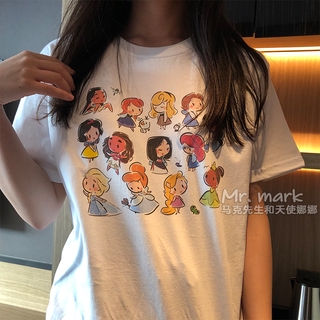 เสื้อยืดสีขาว[MISS SUMEY] เสื้อยืดการ์ตูนคอกลมแขนสั้นสไตล์เกาหลีสำหรับผู้หญิง