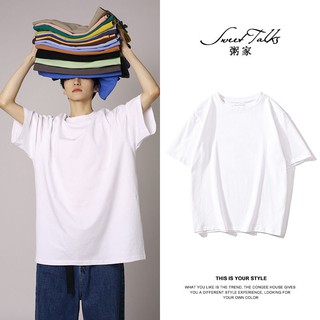 เสื้อยืด💥Hot sale！ 100% ฝ้าย แขนสั้น สีทึบ เสื้อยืดคอกลม หลวม แขนครึ่ง สีดำ คู่รักสวมใส่ อิน นักเรียน ขาว