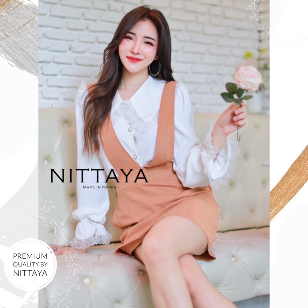 nittaya-set-เสื้อสีขาวแขนยาวคอระบาย-เอี๊ยมกระโปรง-เอาใจคนไซส์เล็กด้วยการทำไซส์เล็กพิเศษ-xs-เพิ่มอีกหนึ่งไซส์จ้า