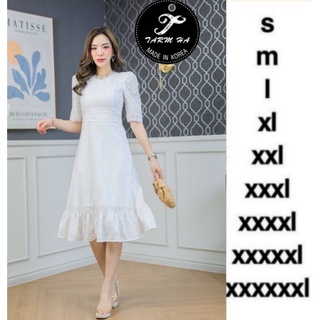 เดรสขาวงานบุญ!!! S-6XL Maxi Dress ชุดไปวัด,เดรสสีขาวผ้าฉลุลายแขนพอง งานป้าย Tarm Ha