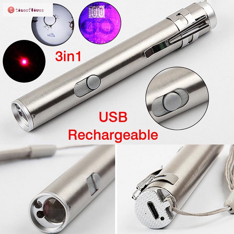 ภาพหน้าปกสินค้าTF New 3 in1 Mini USB Rechargeable LED Laser UV Torch Pen Flashlight Multifunction Lamp จากร้าน timeoflives.th บน Shopee