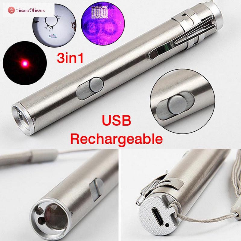 ภาพหน้าปกสินค้าTF▶ New 3 in1 Mini USB Rechargeable LED Laser UV Torch Pen Flashlight Multifunction Lamp ที่เกี่ยวข้อง