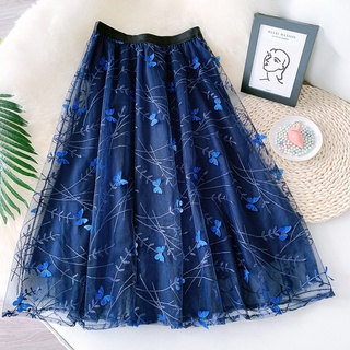 Blue Hepburn three dimensional Butterfly Embroidery half length skirt