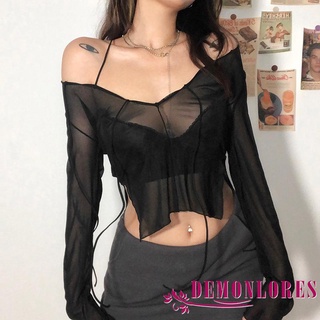 DEMQ-เสื้อครอปแขนยาวผู้หญิงตาข่ายพร้อมสายรัดปรับได้เซ็กซี่สะดือสีทึบฤดูใบไม้ผลิเสื้อผ้า