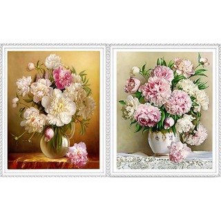 ชุดปักครอสติชพิมพ์ลาย แจกันดอกไม้ ดอกโบตั๋น (Peony flower vase cross stitch kit)