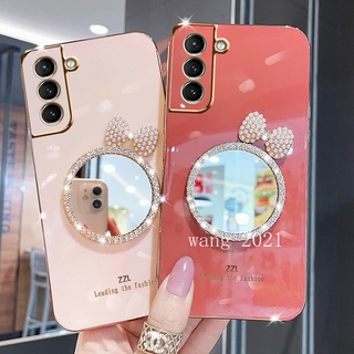 2022 New Casing เคส Samsung Galaxy S22 S21 FE 5G + Ultra 5G Phone Case with Makeup Mirror and Pearl Butterfly Bow Soft Case เคสโทรศัพท