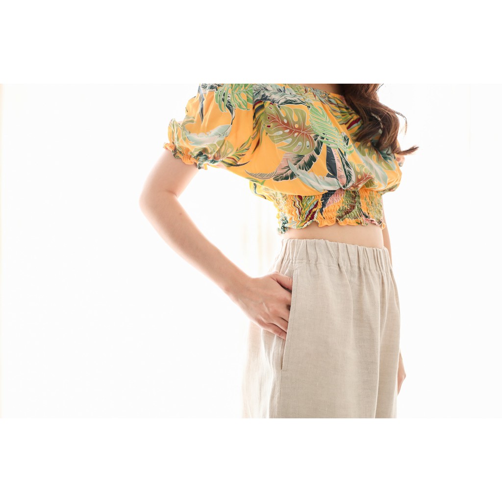 candith-กางเกงผ้าลินินธรรมชาติแต่งปลายขา-สีเบจ