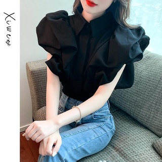 [Fashion Recommendation] เสื้อเชิ้ต คอปก แขนพัฟ ลายกลีบดอกไม้ สีดํา ระดับไฮเอนด์ สไตล์ฝรั่งเศส เรโทร สุดชิค เหมาะกับฤดูร้อน สําหรับผู้หญิง