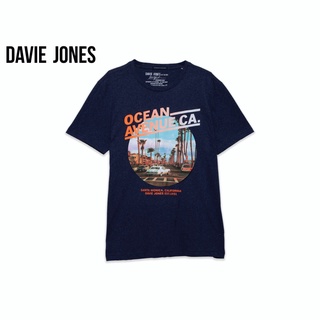 เสื้อยืดใหม่ 2022DAVIE JONES เสื้อยืดพิมพ์ลาย สีกรม Graphic Print T-Shirt in navy TB0287MNL XL  XXL 3XL