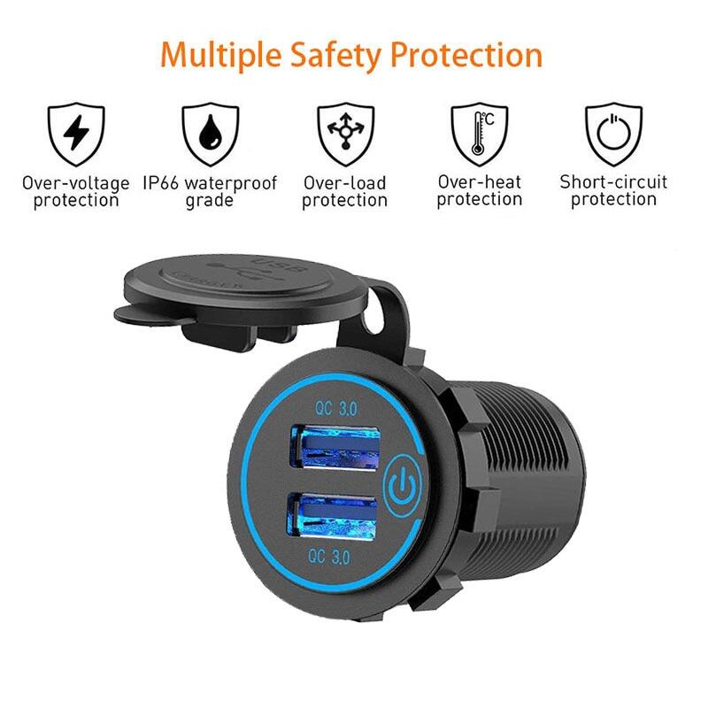 sabuy-12-24v-quick-charge-3-0-dual-usb-car-charger-socket-waterproof-ที่ชาร์ตแบต-รถหัวชาร์จในรถ-2-1aชาร์จแบตในรถ-กันน้ำที่ชาร์จ-ที่ชาร์จมือถือ-กับสวิทช์on-off-touchไฟled