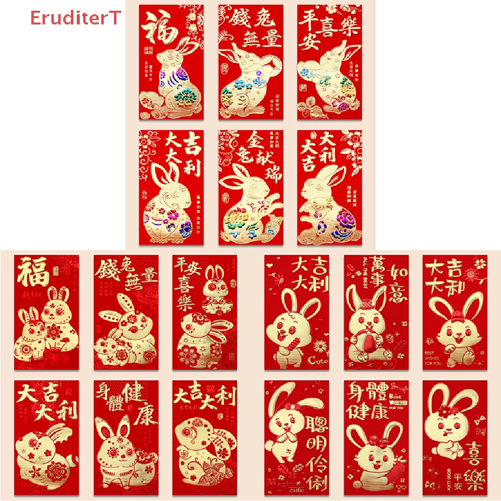 eruditert-ซองจดหมาย-ลายกระต่าย-สีแดง-สไตล์จีน-2023-6-ชิ้น-ใหม่