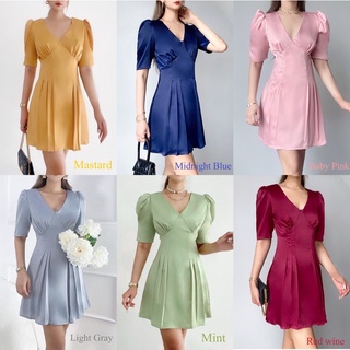 สินค้า เก็บโค้ดหน้าร้าน -  Emilia Dress Pink 🌸 เดรสสั้นผ้าซาติน เดรสออกงาน พร้อมส่งค่ะ ohcrispy.bkk