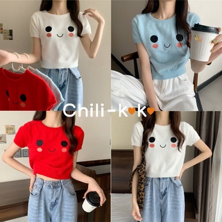 Chili_k❤️k❤️เสื้อครอปไหมพรมแขนสั้น สไตล์​เกาหลี​น่ารัก เสื้อยืด เสื้อสวมใส่สบาย  ผ้าบางใส่สบายไม่อึดอัด 5317