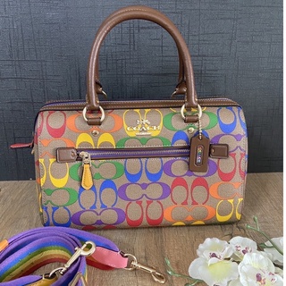 💚แท้💯 พร้อมส่ง💚กระเป๋าถือ ขนาด 10 นิ้ว หมอน Coach Rowan Satchel In Rainbow Signature Canvas Coach CA615