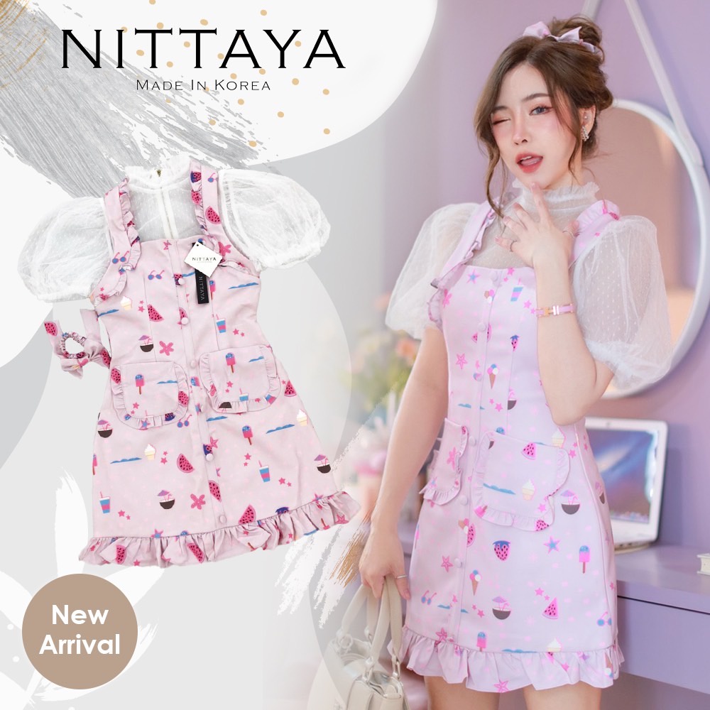 nittaya-เซ็ทเดรสสั้นสีชมพู-เสื้อขาวซีทรูแขนตุ๊กตา-ยางรัดผม