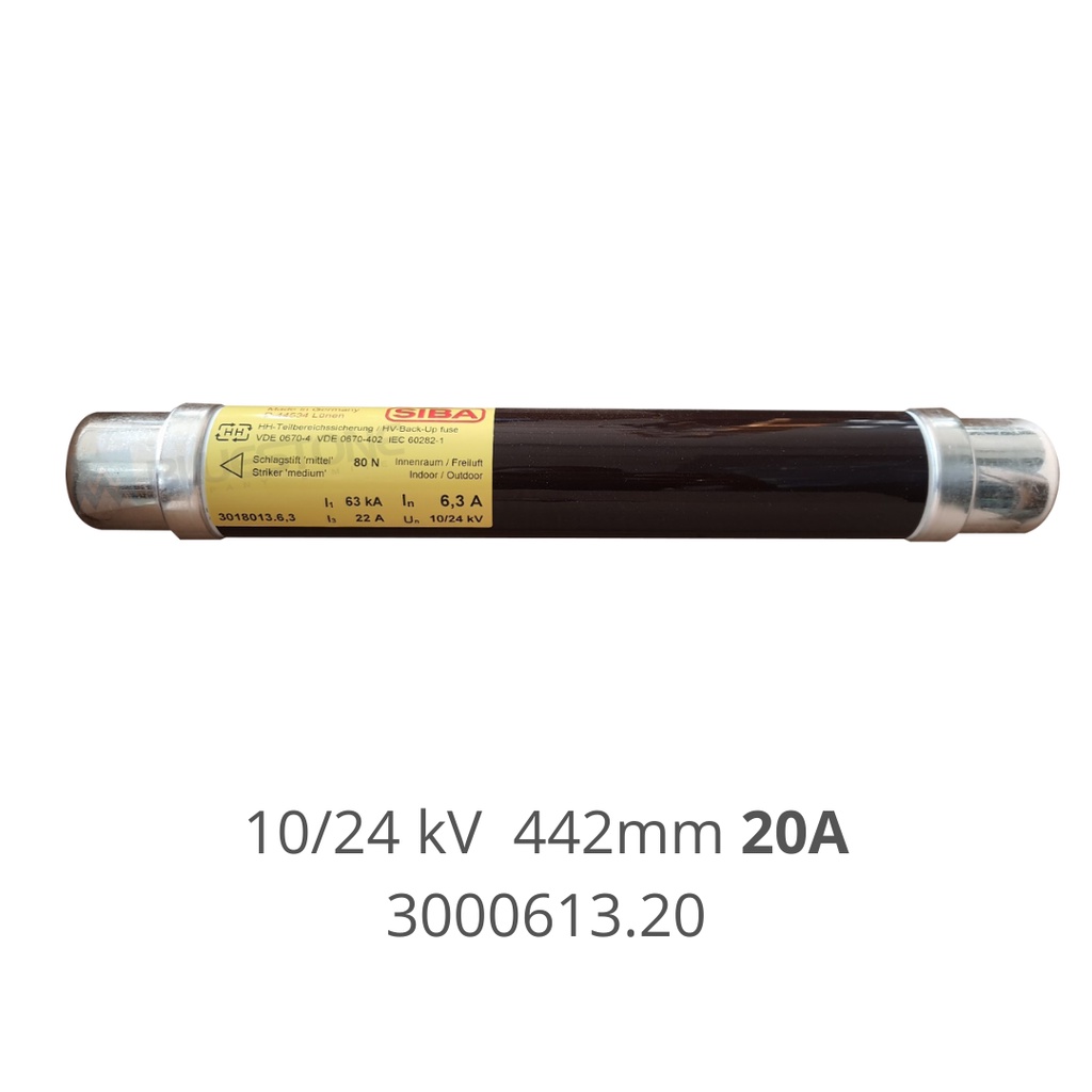 hv-fuse-10-24-kv-442mm-20a-siba-ฟิวส์แรงดันสูง-high-voltage-fuse-3000613-20-made-in-germany