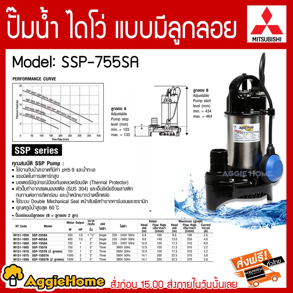 mitsubishi-ปั๊มน้ำไดโว่-รุ่น-ssp-755sa-750วัตต์-1hp-ท่อออก3-นิ้ว220v-แบบมีลูกลอย-ส่งสูง17-3เมตร-ปั๊มแช่-ไดโว่