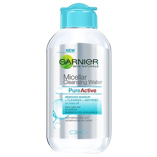 Garnier Micellar Cleansing Water การ์นิเย่ไมเซล่าคลีนซิ่งวอเตอร์ สูตรเพียว แอคทีฟ ขนาด 125 มล. (สีฟ้า)  สินค้าราคาโรงงาน