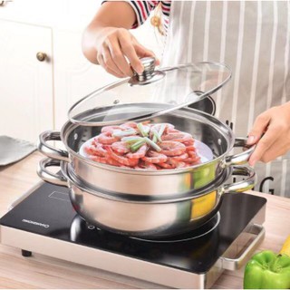 Stainless steel steamer ซึ้งหม้อนึ่งอเนกประสงค์ ซึ้งสแตนเลส 2ชั้น 28CM สำหรับต้มนึ่ง อุ่นอาหาร หรือหม้อสุกี้3in1