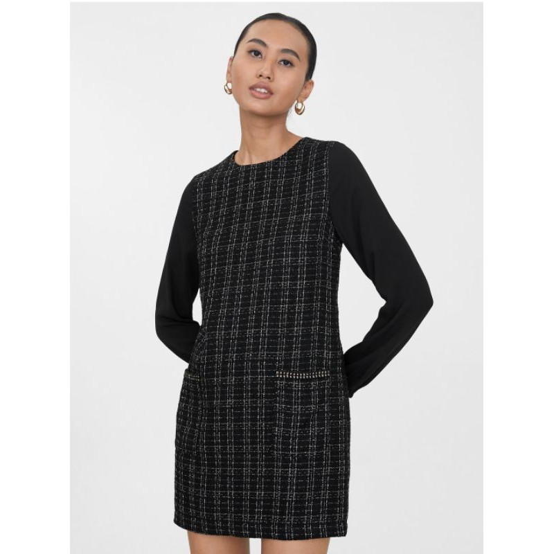 ส่งต่อ-pomelo-tweed-เดรส-ผ้า-ทวิท-ทวีส-ทวีต-tweed-puff-sleeve-shift-dress-black