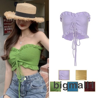 Bigmall- เสื้อครอปท็อป เกาะอก คอปาด แต่งระบาย สีพื้น แฟชั่นฤดูร้อน สําหรับผู้หญิง