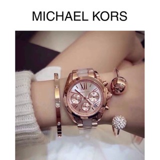 [การจัดซื้อ] Michael Kors MK6066 เพิ่มขึ้นเย็บสีชมพูทองโรมโครโนกราฟสามตาดูนาฬิกาแฟชั่น