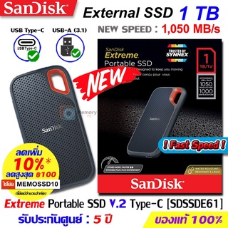 ภาพหน้าปกสินค้าSANDISK SSD External harddisk Type C 1TB [1050MB/s] Extreme Portable V2 (E61) ฮาร์ดดิสก์แบบพกพา NVMe มือถือ PC ของแท้ ที่เกี่ยวข้อง