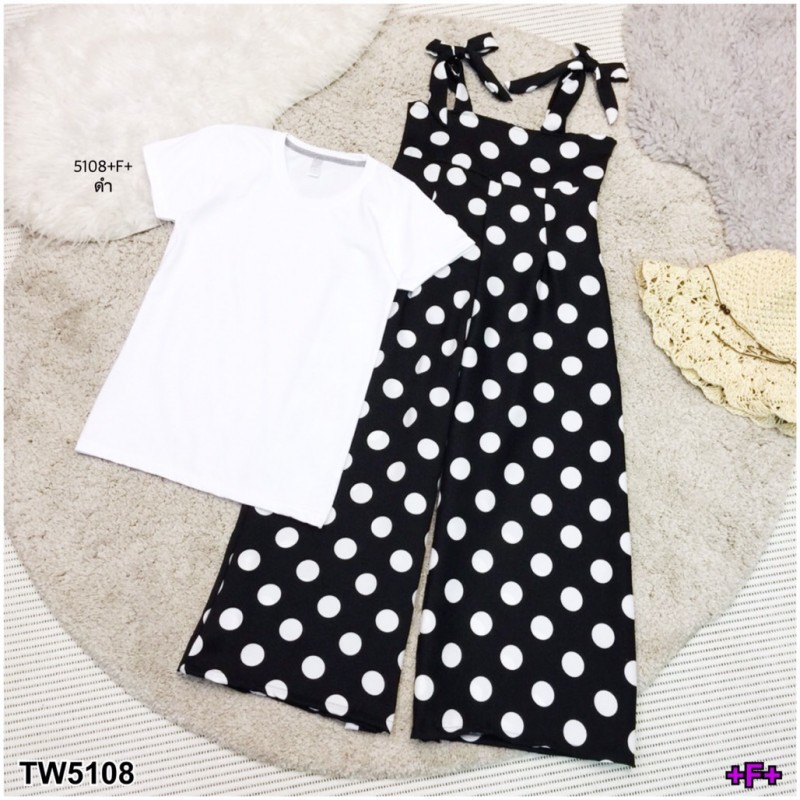 เอี้ยม-เสื้อยืดสีขาว-เอี๊ยมกางเกงลายจุด-polka-dot-สายผูกโบว์ผ้า4เวย์-ซิปหลัง-กางเกงทรงขาบาน-สวมใส่สบาย-ได้ทุกโอกาส