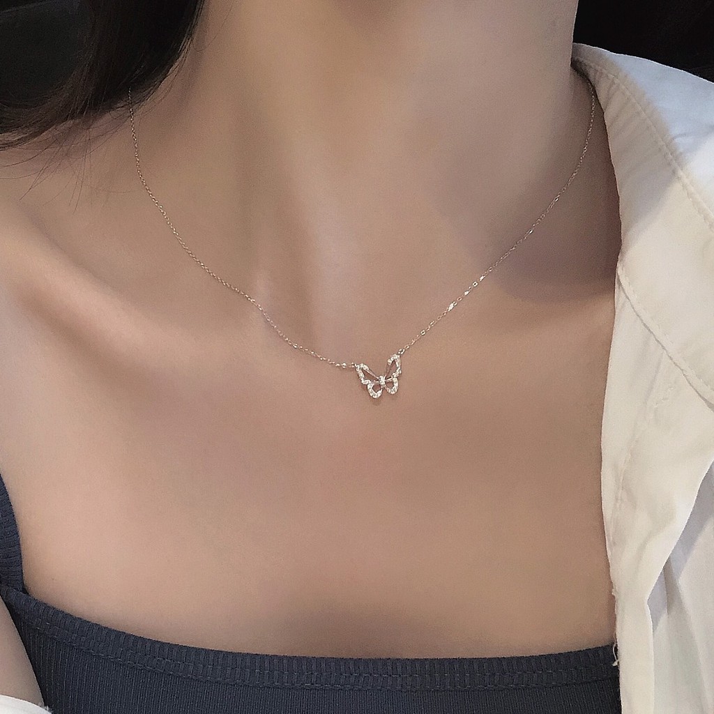 พร้อมส่ง-butterfly-silver-สร้อยคอ-พร้อมจี้-ผีเสื้อ-ตัวจี้ฝังด้วยเพชร-cz-สร้อยคอเป็นห่วงโซ่-ปรับระดับได้