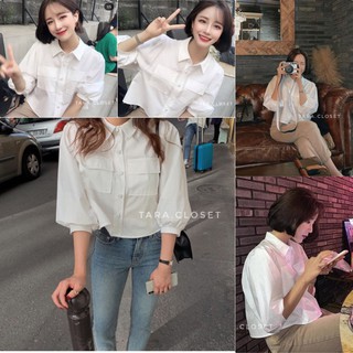 สินค้า ZO007 TARA Shirt เสื้อครอปเชิ้ต แขนยาวห้าส่วนกระเป๋าคู่ ทรงน่ารักมาก ผ้าออกฟอร์ด ผ้าดี ใส่สบาย ไม่ร้อน ดีเทลเก๋ๆ