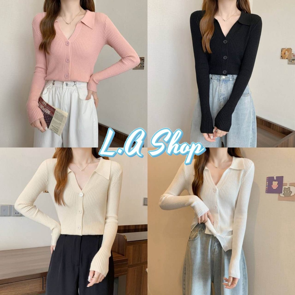 L.A Shop พร้อมส่ง เสื้อแขนยาวไหมพรม คอปก กระดุมด้านหน้าสีพาสเทลน่ารัก ...