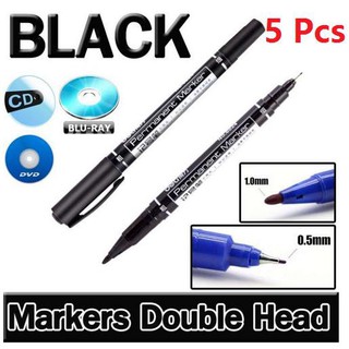ปากกา เขียน CD,DVD deli สีดำ ( 5ชิ้น Marker pen BLACK ) หมึกกันน้ำ คุณภาพสูง แบบ 2หัว 0.5mm และ 1.0mm