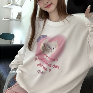 เสื้อกันหนาวลําลอง ผ้าฝ้าย 100% พิมพ์ลายแมว ทรงหลวม แบบบาง