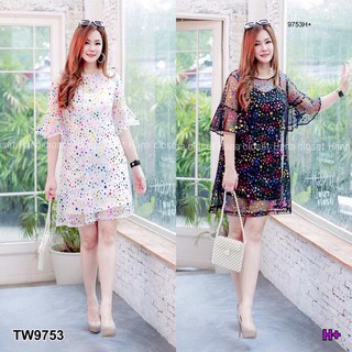 Dress #สาวอวบ เดรสซีทรูปักเลื่อมดาวสีรุ้ง+เดรสสายเดี่ยวสีพื้น TW9753