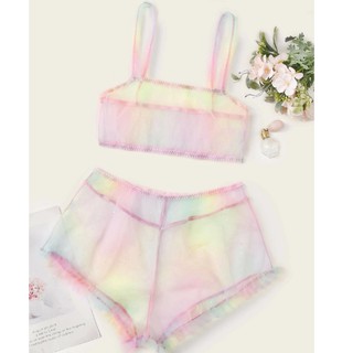 ชุดนอนไม่ได้นอน เซ็ตชุดชั้นใน เซ็กซี่ Gradient Mesh Lingerie Set สาวอวบ พาสเทล Pastel colour