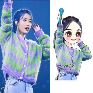 Li Zhien iu เสื้อสเวตเตอร์ถักลายตารางสีเขียวสีม่วงเพชร