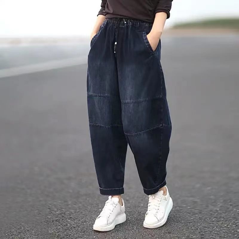 กางเกงยีนส์ทรงบอย-หลวม-ขนาดใหญ่-เอวยางยืด-กระเป๋าหลายใบ-กางเกงครอป-กางเกงยีนส์แฟชั่น