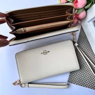 🎀 (สด-ผ่อน) กระเป๋าสตางค์ซิปรอบ มีสายคล้อง สีขาว COACH C3441 LONG ZIP AROUND WALLET