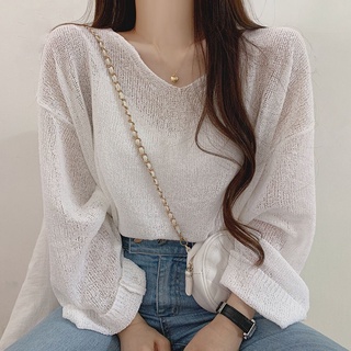 เสื้อแขนยาว ผ้าถัก แบบบาง ทรงหลวม ป้องกันแดด สำหรับสตรี