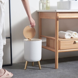 fasthome ถังขยะเท้าสูงในครัวเรือนสไตล์ญี่ปุ่นลายไม้สร้างสรรค์ถังขยะแบบกดห้องนอนห้องน้ำพร้อมฝาปิดตะกร้าขยะ