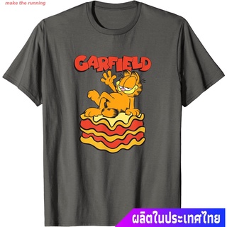 เสื้อยืดผ้าฝ้ายพิมพ์ลายขายดี make the running Garfieldเสื้อยืดลำลอง Garfield Lasagna Slice Garfield Pose T-Shirt Garfiel