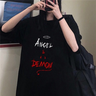 Angel Demon Gothic เสื้อยืด Harajuku เสื้อยืดฤดูร้อนการ์ตูนหญิงแขนสั้นหลวมแขนสั้นหญิงเสื้อยืดคู่ Punk