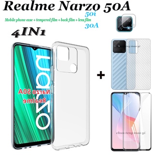 (4in1) เหมาะสำหรับ Realme Narzo 50A/50i/30A/20 เคสโทรศัพท์มือถือ, เคสโทรศัพท์มือถือป้องกันการหล่นแบบใส 1.55 มม. + ฟิล์มกระจกเทมเปอร์ + ฟิล์มหลังคาร์บอนไฟเบอร์ + ฟิล์มเลนส์กล้อง