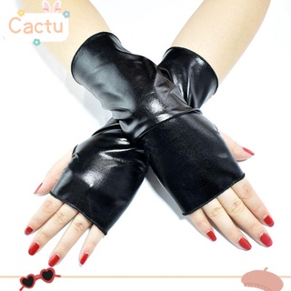 CACTU Men Women Leather Gloves Gothic Punk Halloween Black Gloves Lolita PU Mittens Hip-Hop Dance Cosplay Dress Up